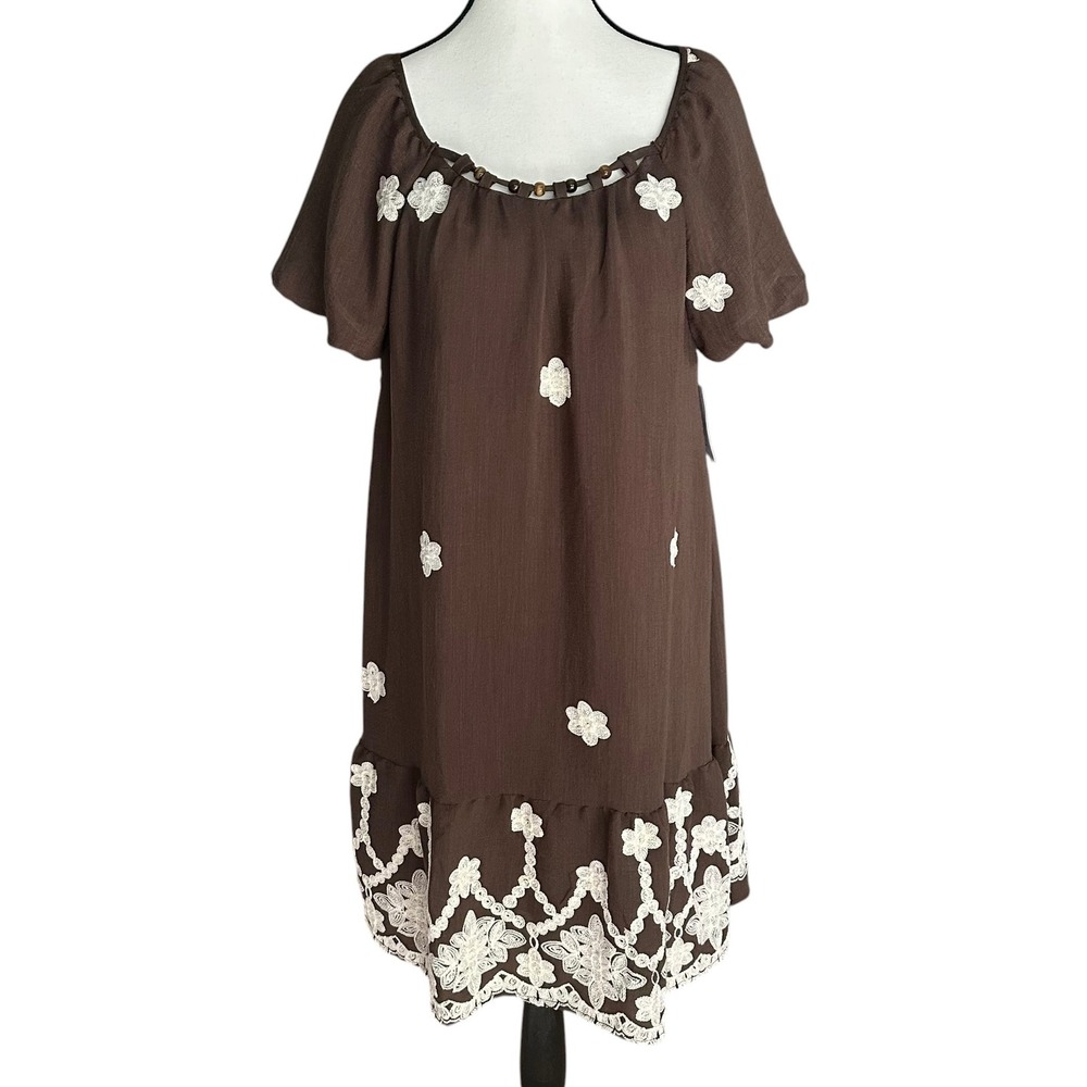Kindred Women Brown Floral Embroidered Boho Shift Dress Size M Bead Neck Peasant